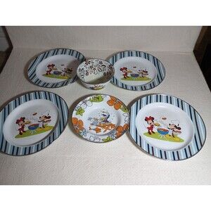 Vintage Disney Store  Enamel Dishes 4 plates, pasta bowl and deep bowl Mickey